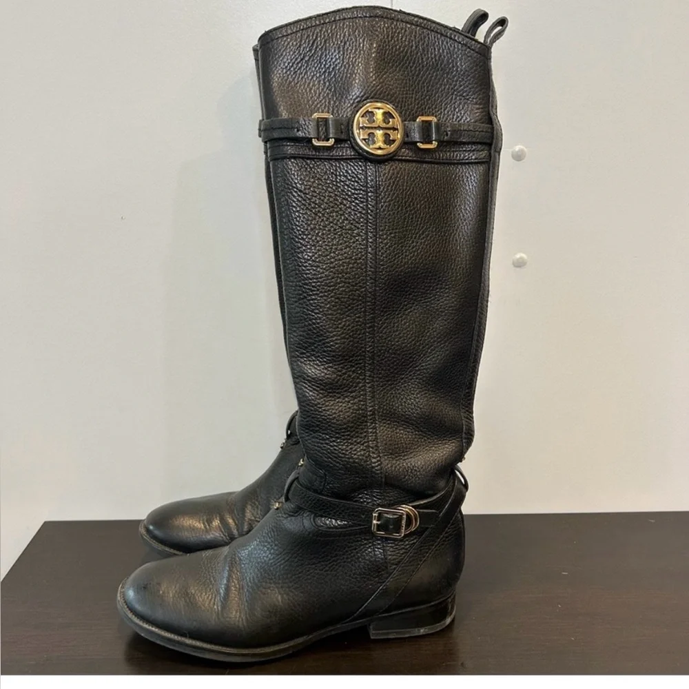 Tory Burch Calista Tall Leather Riding Boots Black Knee High - Picture 3 of 6